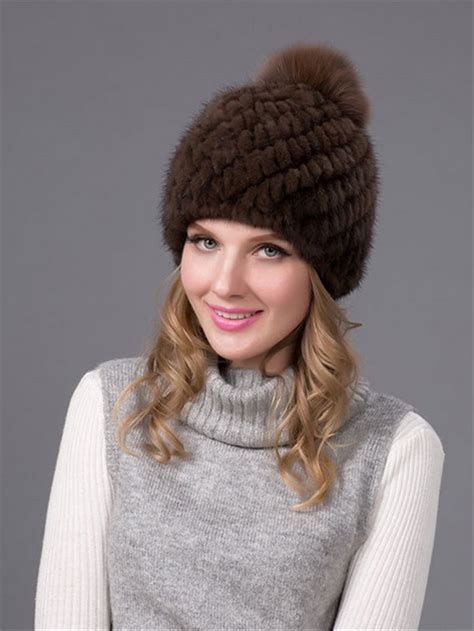 Thick Winter Genuine Knit Mink Fur Hat With Fox Fur Pom Pom Beanie