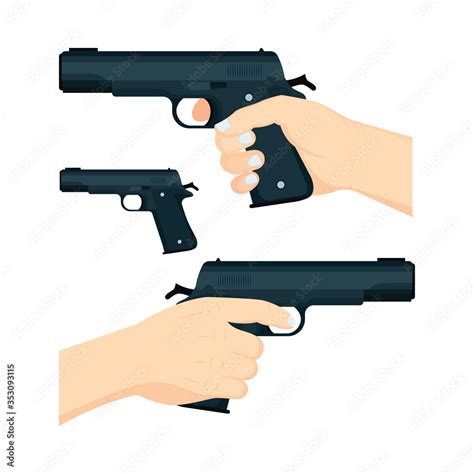 Hand With Gun Hand Holding Gun Front And Back Views Vector Illustrations Set Vector De Stock