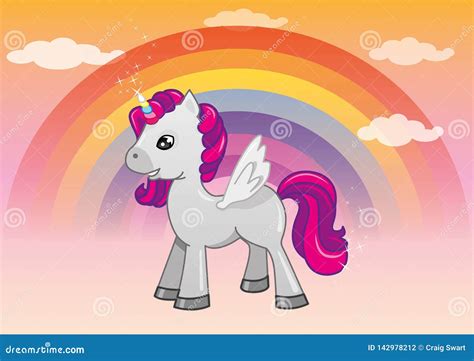 Unicorn In The Sky With Rainbow And Clouds Stock Illustration