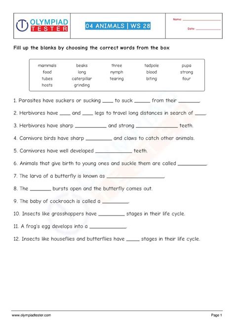 Grade 4 Science worksheet PDF on animals for Science Olympiad exam