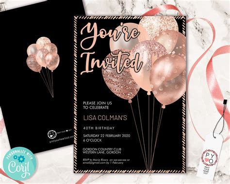 Rose Gold Birthday Balloons Invitation Printable Template Etsy Australia