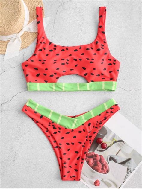 24 Off 2021 Zaful Watermelon High Cut Cutout Bikini Swimsuit In Red