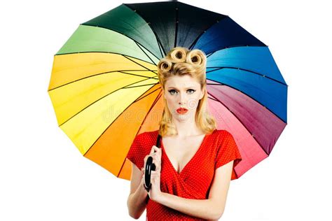 Pinup Girl With Rainbow Umbrella At Rain Weather Rainy Autumn Mood