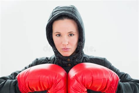 Beautiful Young Woman In Hood And Red Boxing Gloves Stock Photo Image