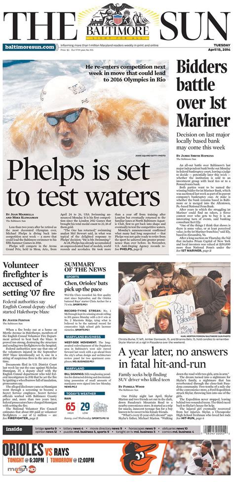 The Front Page Of The Baltimore Sun With An Image Of A Man Swimming In