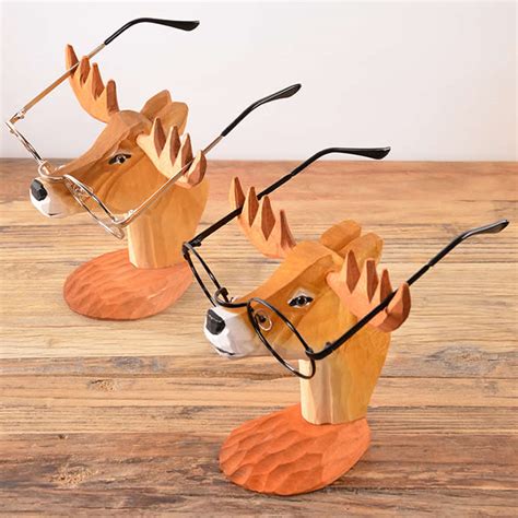 wood hand carved deer shaped eyeglass holder spectacle display stand feelt