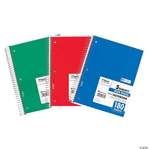 Mead Spiral 5 Subject Notebook Wide Ruled 180 Sheets Per Book Pack