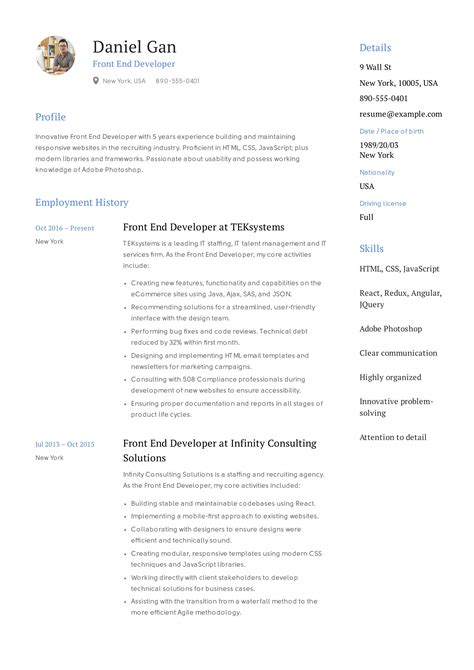 When writing your resume, be sure to reference the job the following resume samples and examples will help you write a front end developer resume that best highlights your experience and qualifications. Front-End Developer Resume Example