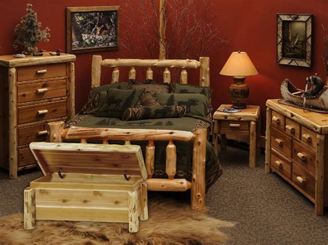 A bedroom with kingsize bed side tables and lamps, two inter connecting doors leading to a large bathroom leading to a large walk in closet space. Cedar Log Bedroom Suite | HOM Furniture | Rustic bedroom ...