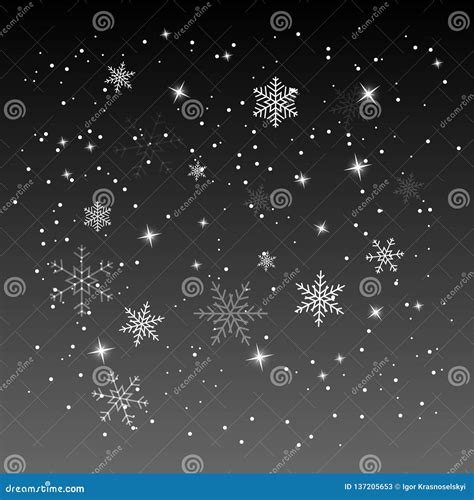 Snow With Snowflakes And Stars On Night Sky Background Winter Is