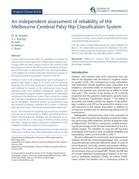 Pdf An Independent Assessment Of Reliability Of The Melbourne Cerebral Palsy Hip