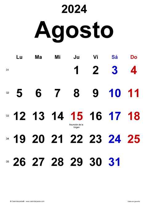 Calendario Agosto En Word Excel Y Pdf Calendarpedia