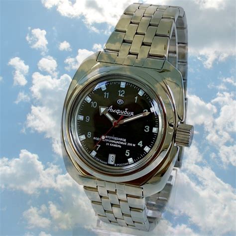 russian automatic watch vostok amphibia with glass case back and neutral bezel stainless steel