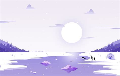 The Sun Winter Minimalism River Snow Ice Penguins Landscape Ice