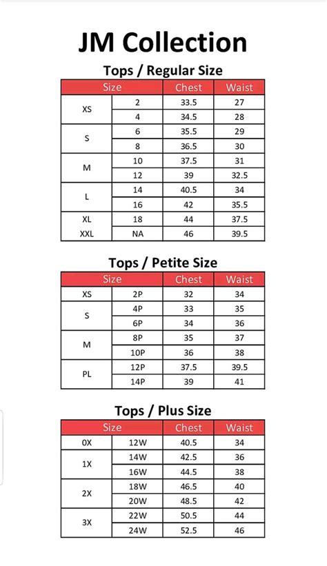 Jm Collection Clothing Size Chart Clothing Size Chart Karen Scott