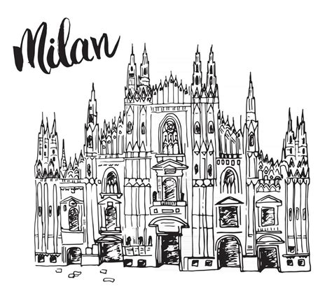 Duomo Cathedral In Milan Italy Hand Drawn Sketch Of Italian Famous
