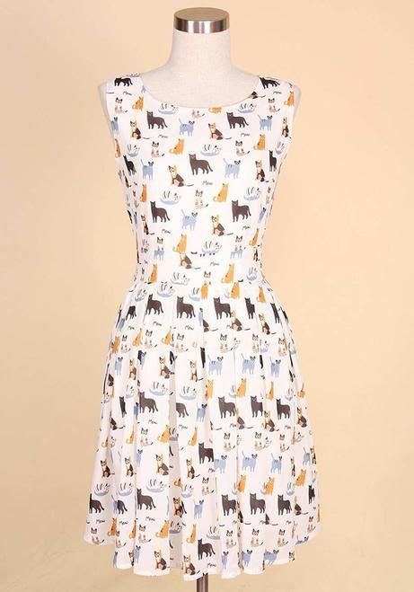 Cat Print Sleeveless A Line Dress Dresses A Line Dress Knee Length