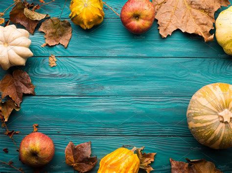 Green Autumn Background With Pumpkin Leaves ~ Holiday