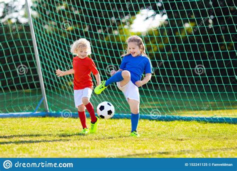 Kids Play Football Child At Soccer Field Stock Image Image Of Little
