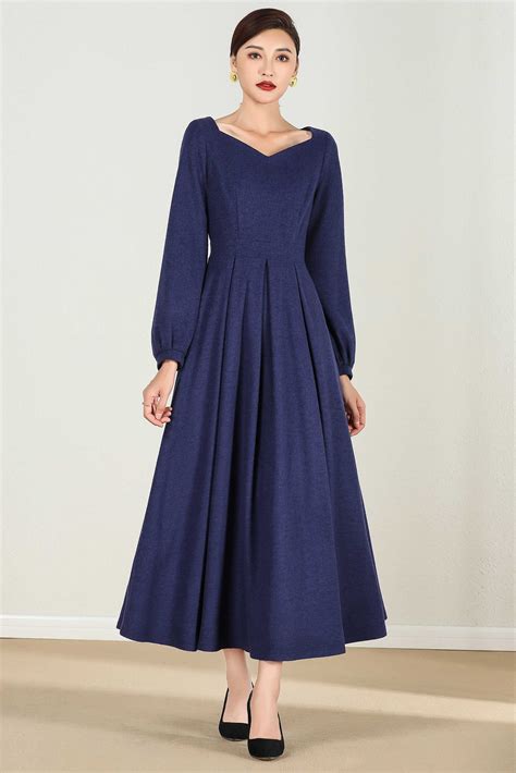 Long Wool Maxi Dress Long Sleeve Wool Dress Blue Wool Dress Etsy