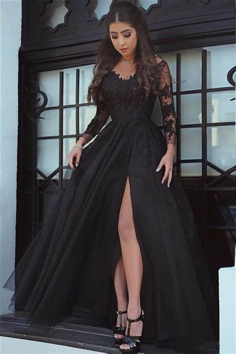 Black Lace Evening Dress Evening Dress A Line Long Sleeves Evening Dress Lace Evening