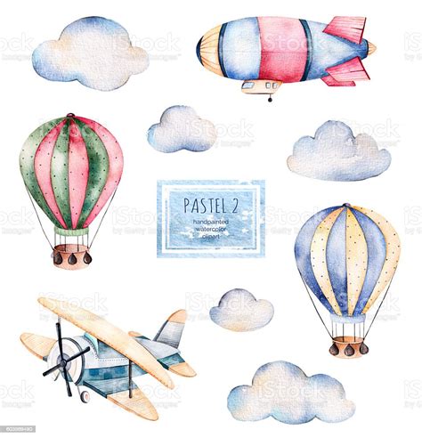 Watercolor Collection With Air Balloons Cloudsairship And The Plane