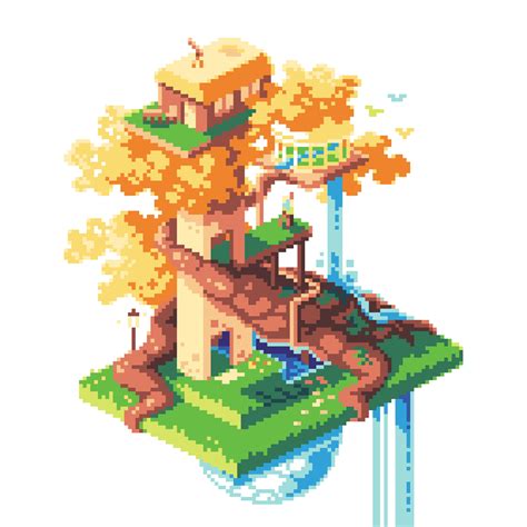 Pixel Art Tree House Pixel Game Landscape With Trees Sky And Vector