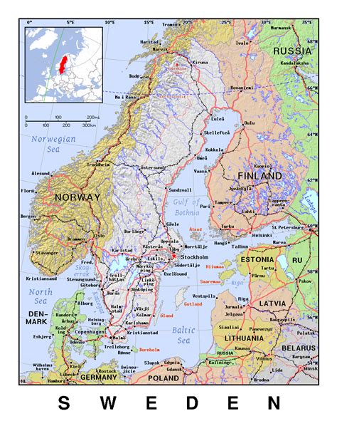 Map of sweden, satellite view. Detailed political map of Sweden with relief | Sweden ...