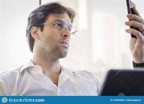 Man Working From Home Making A Conference Call Stock Image Image Of
