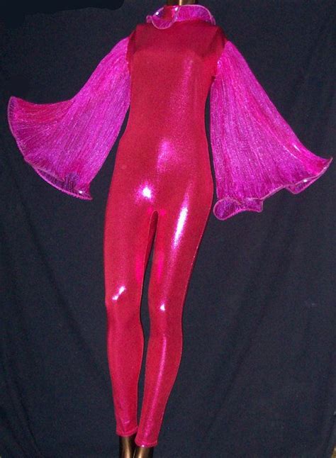 Hot Pink Metallic Stretch Spandex With Crystal Organza Pleated Sleeves