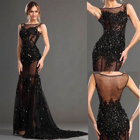Black Lace Sexy Evening Dresses Sheer Beaded Crystals Lace Tulle