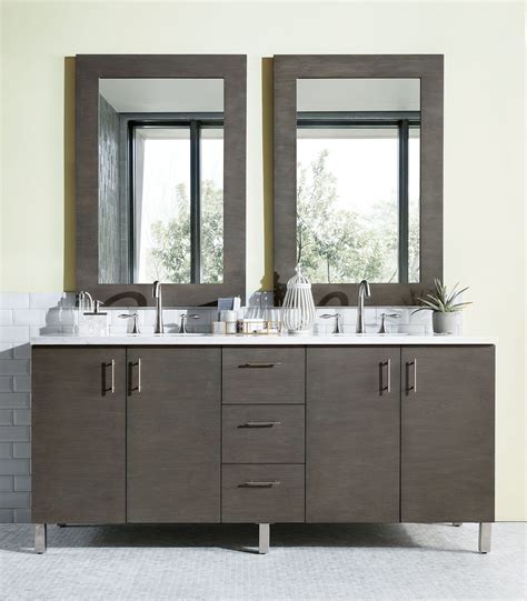 The wooden vanity countertop runs straight on as bathtub panelling and continues all the way up the wall behind the wet areas, doubling as a backsplash and decor. 72" Metropolitan Silver Oak Double Sink Bathroom Vanity