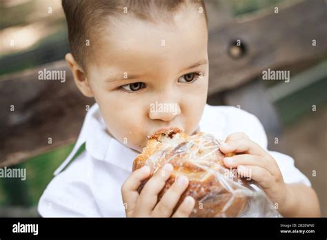 kleiner junge der einen bun isst stockfotografie alamy