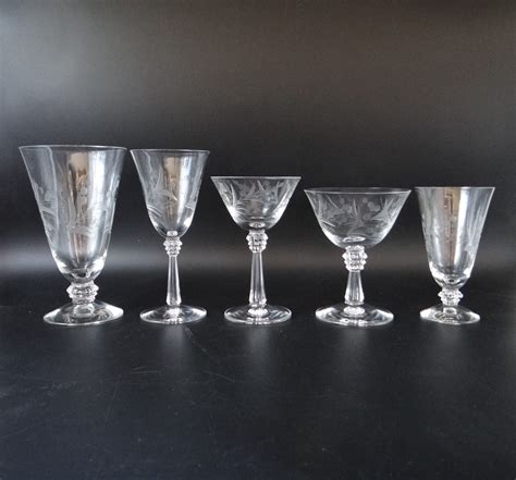3 Fostoria Cynthia Clear Depression Glass Cut Glass Claret Wine Glasses With An Elegant Leaf And