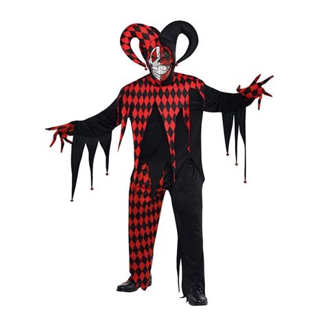 Mens Red And Black Jester Clown Halloween Fancy Dress Costume Jester