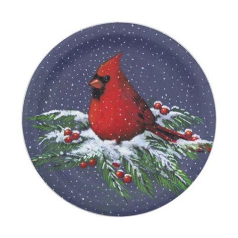 Christmas Cardinal In Snow Holiday Bird Art Paper Plates Zazzle