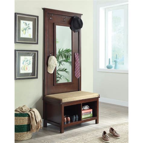 Hall Tree With Storage Bench And Mirror Brown