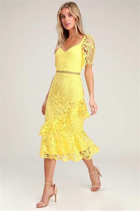 Briarwood Yellow Lace Ruffled Midi Dress Yellow Lace Dresses Midi