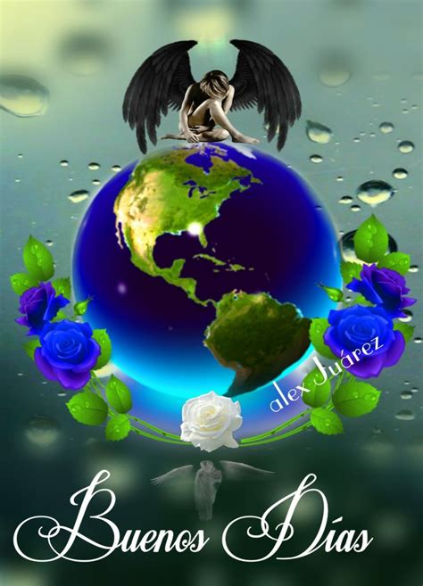 An Angel Sitting On Top Of A Blue Globe With Roses And Water Droplets