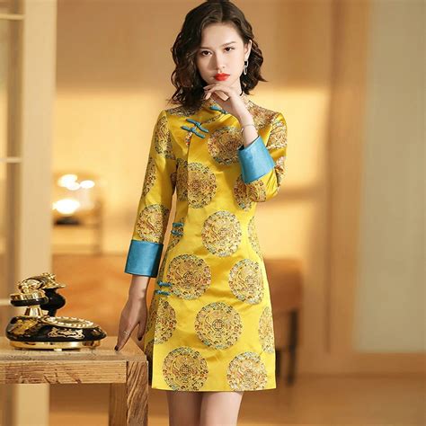 Charming Brocade Cheongsam Qipao Chinese Dress Yellow Qipao