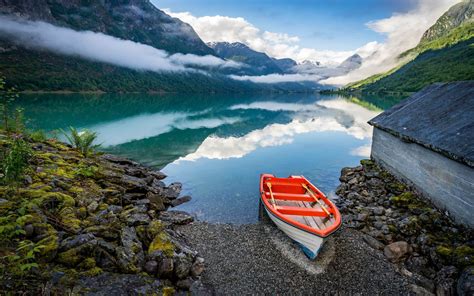 Norway Country In Europe Fjords Lake Mountains Boat