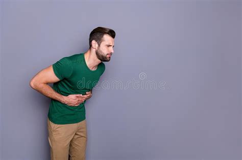 Profile Side Photo Of Frustrated Man Touch Hands Stomach Suffer Pain