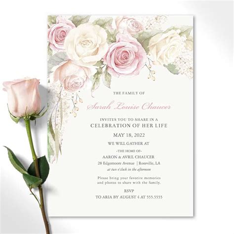 Floral Rose Memorial Service Invitations For Funerals Memorial