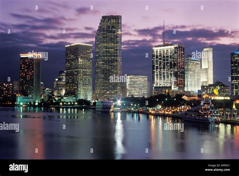 Downtown Miami Florida Reflects On Biscayne Bay At Dusk Stock Photo Alamy