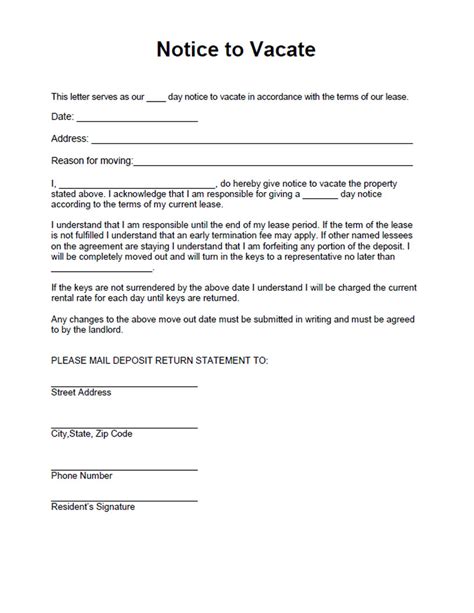 Printable sample tenant 30 day notice to vacate form real estate. Notice to Vacate form. Free form for a residential ...
