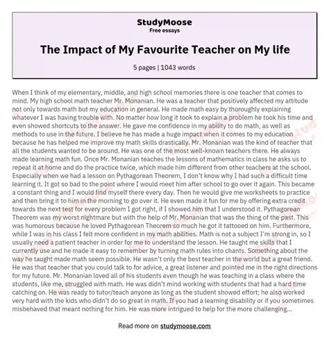 The Impact Of My Favourite Teacher On My Life Free Essay Example