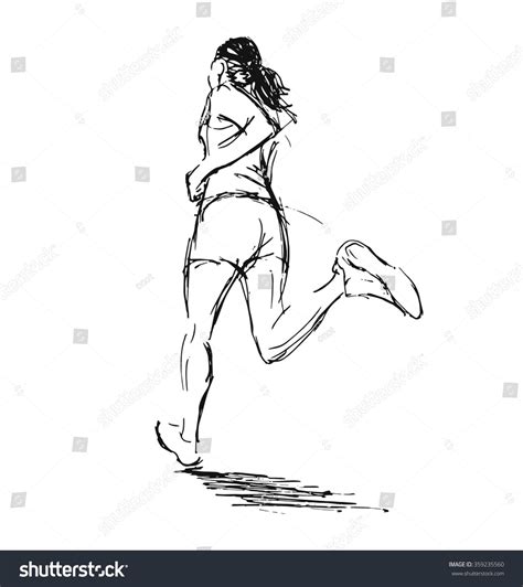 A Woman Running On The Beach In Black And White Ink Drawing Hand Drawn