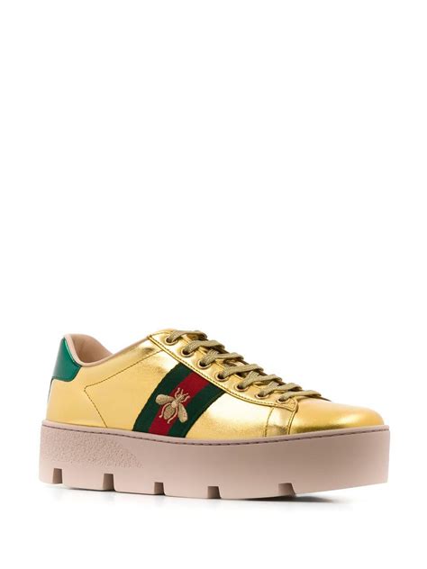 Gucci Leather Ace Embroidered Platform Sneakers In Gold Metallic Lyst