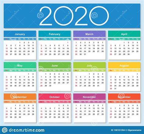 Colorful Year 2020 Calendar Week Starts On Sunday Stock Vector