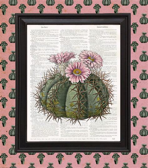 Cactus Pink Flower Desert Art Print Botanical Illustration Upcycled